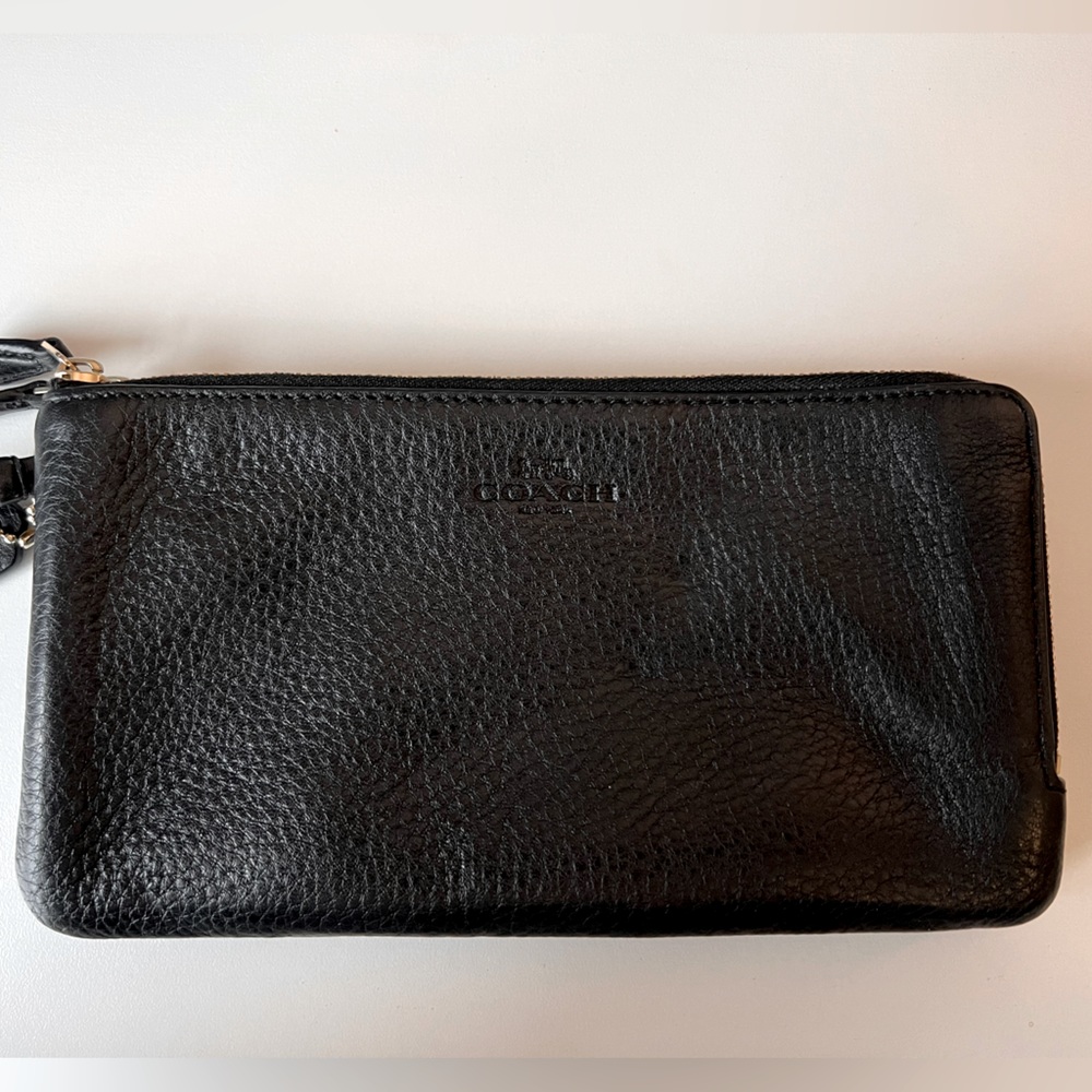 Coach Wristlet Wallet - Corner Zip Double Zipper Black Leather + Gold Hardware